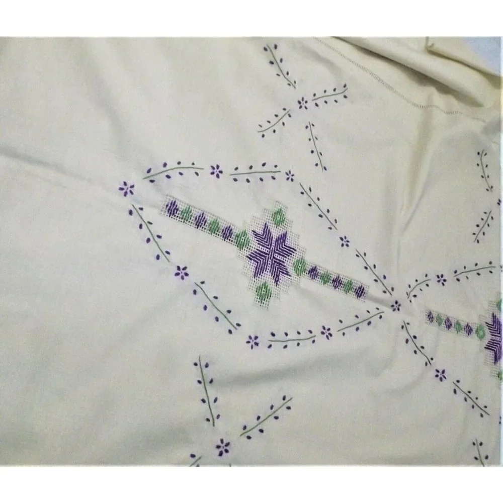 Vintage Embroidered 52 X 68 Beige Linen Tablecloth Purple and Green Design